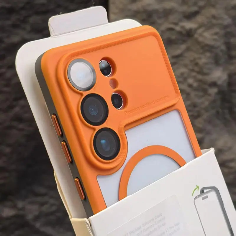 Capa Protetora Transparente Em Acrílico Bicolor (laranja) Para Samsung S24 Ultra, Com Fixação Magnética.