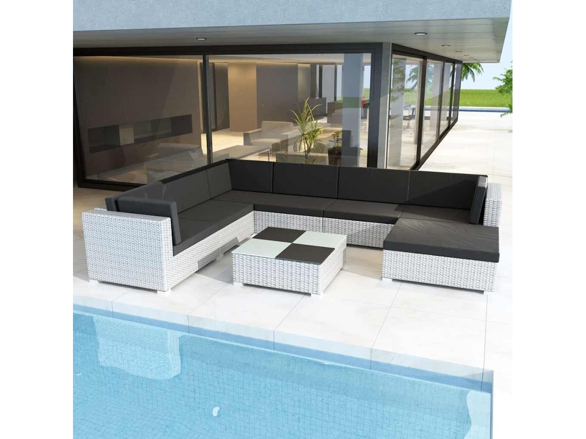Vidaxl 8 Pcs Conjunto Lounge De Jardim C/ Almofadões Vime Pe Branco