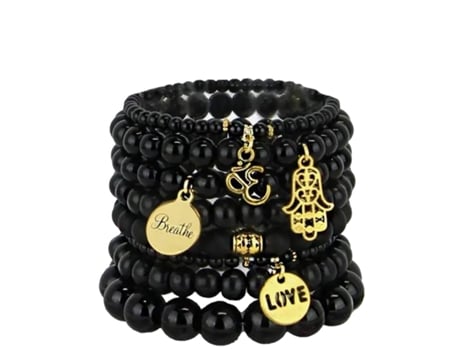 Conjunto de 8 Pulseiras BOHEMIAN Breathe (Vidro, madeira e liga - Preto - Ajustável)