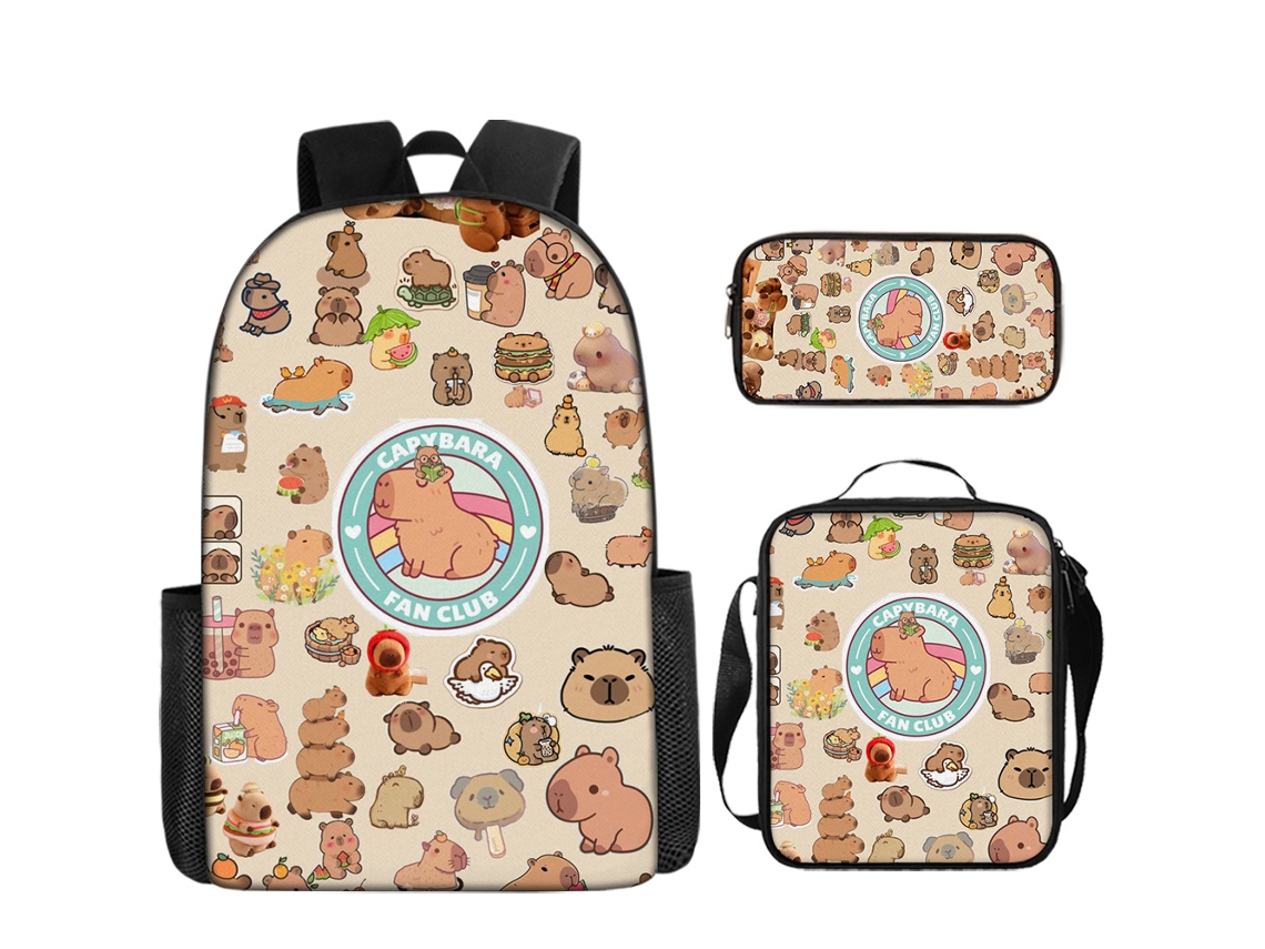 Mochila Estudantil Panoona Conjunto De Três Peças Com Lancheira E Estojo, Estampa De Capivara Cartoon Fofa (17 Polegadas) Estilo 2