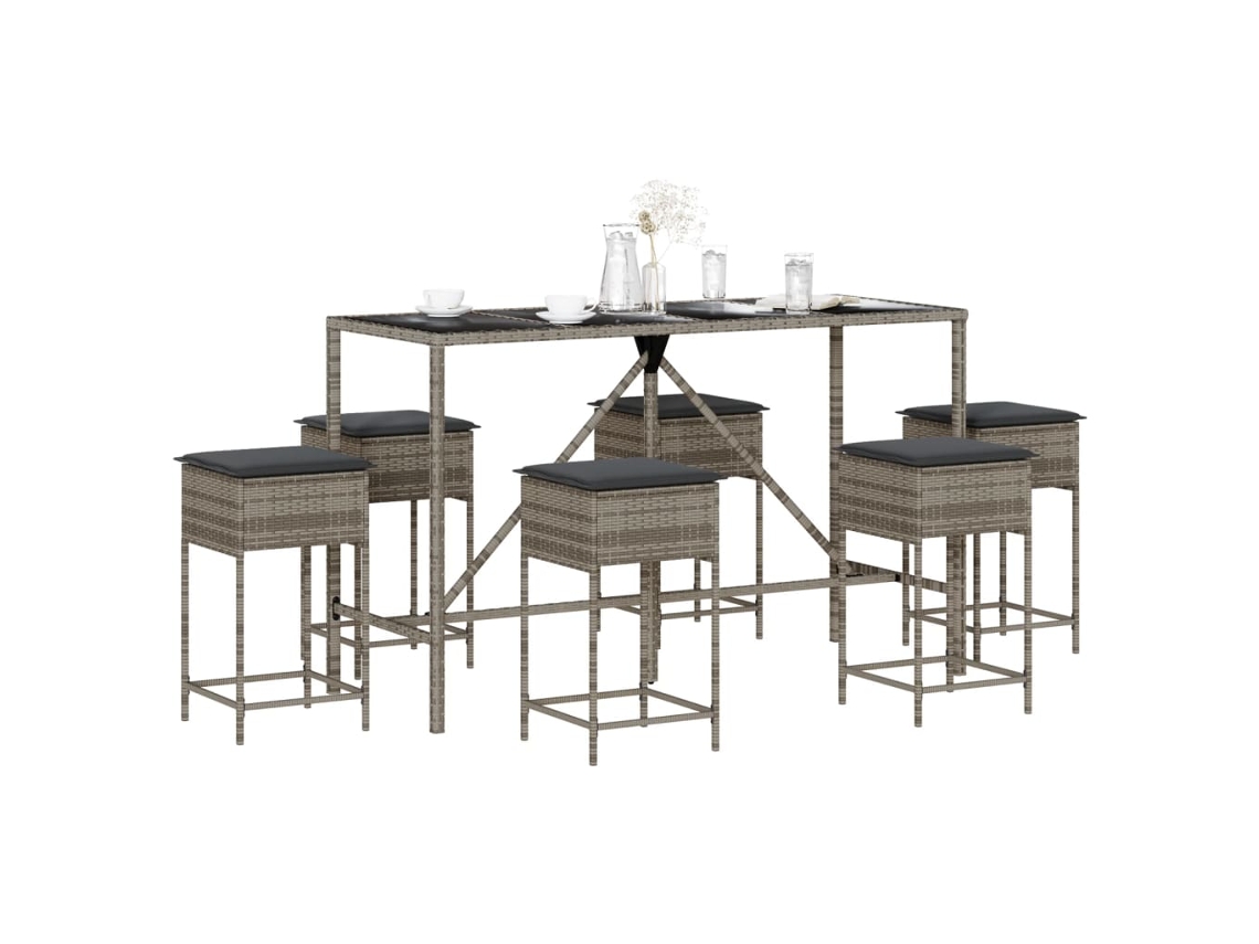 Conjunto Bar 7 Peças P/ Jardim C/ Almofadões Vime Pe Cinzento Dkd Home Decor