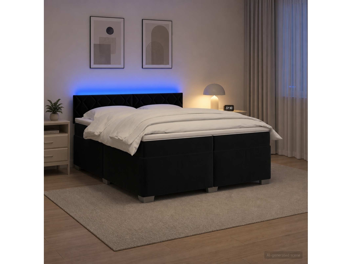 Vidaxl Cama Box Spring Com Colchão E Led Preto 200 X 200 Cm Veludo