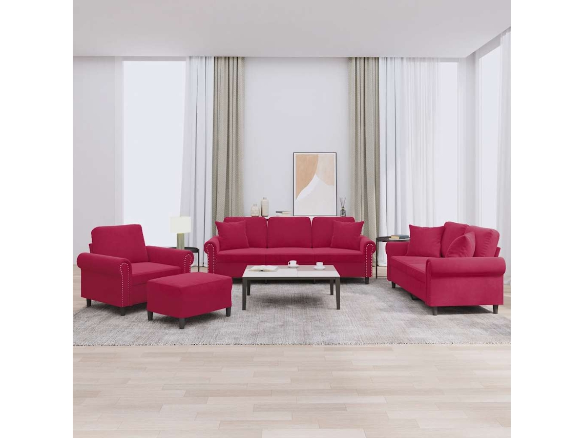 Vidaxl 4 Pcs Conjunto De Sofás Com Almofadas Veludo Vermelho-tinto