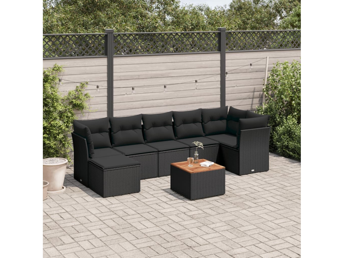 8 Pcs Conjunto Sofás De Jardim Com Almofadões Vime Pe Preto Dkd Home Decor