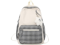 Mochila Kawaii Com Pingente, Fofa Xadrez, Escolar Para Meninas E Adolescentes, Volta Às Aulas Aquaforge (cinza)