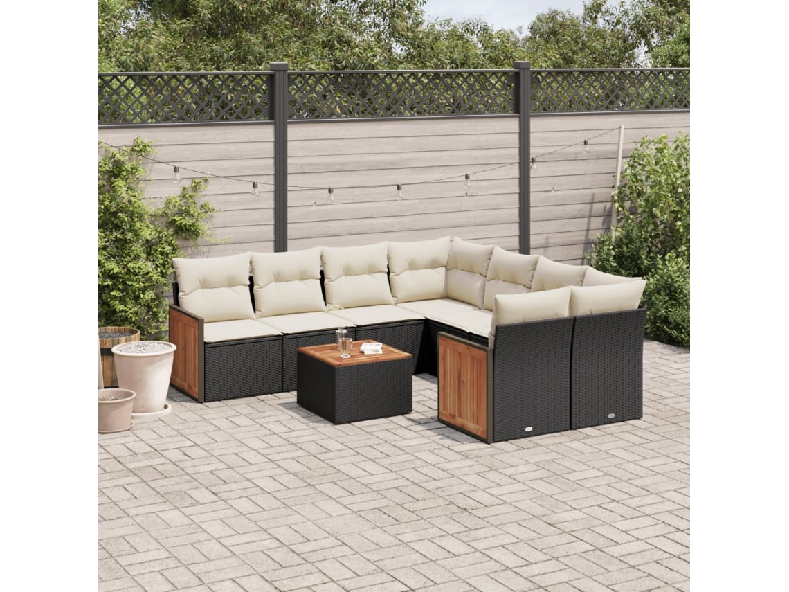 Jogo de Sofá 9 Peças P/ Jardim C/ Almofadões Vime Pe Preto Dkd Home Decor