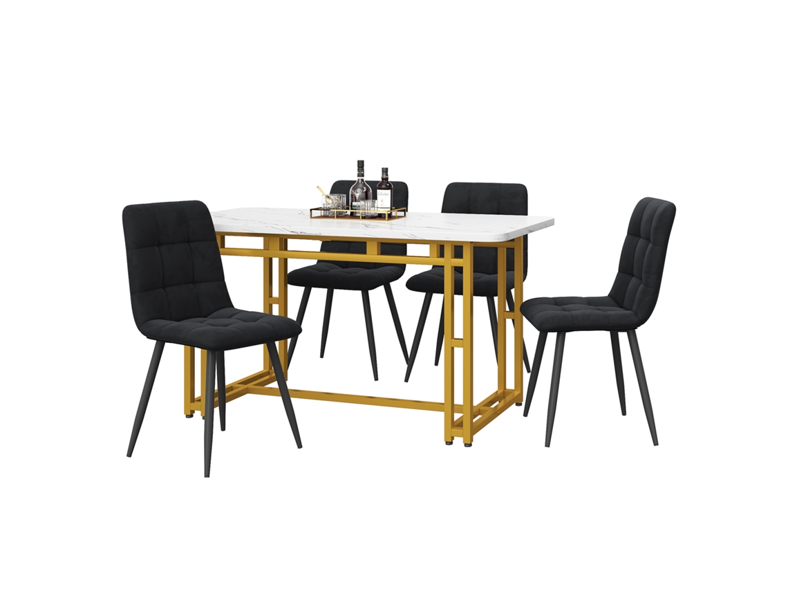 Conjunto De Mesa De Jantar Dourada 120x70cm Com 4 Cadeiras, Moderno Para Cozinha, Cadeiras De Veludo Preto E Pés De Ferro Dourado Quenty