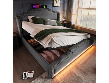 Cama Estofada 160x200, Veludo, Cinza, Colchão Não Incluído.