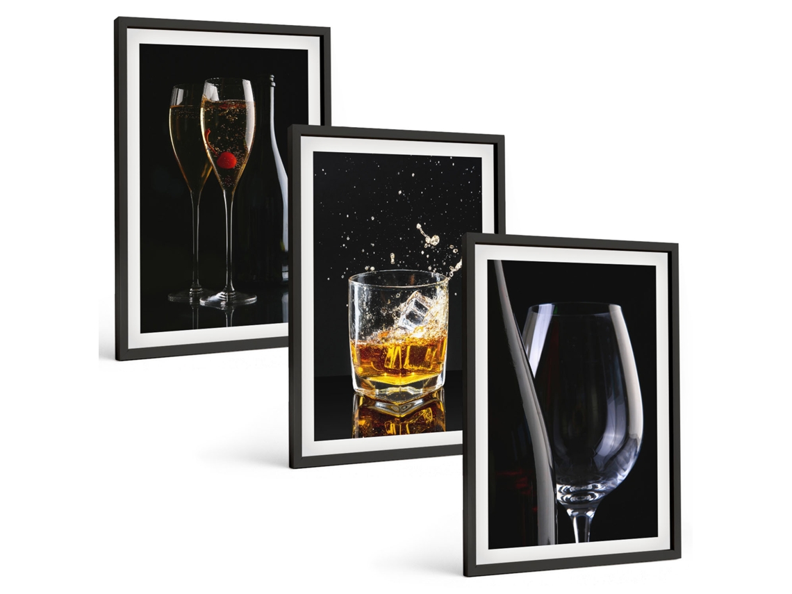 Quadros Decorativos Para Parede Taças De Uísque Em Fundo Preto Moldura Preta Quadros Para A Sala De Estar Espelharte (3 Piezas De 40x60 Cm)
