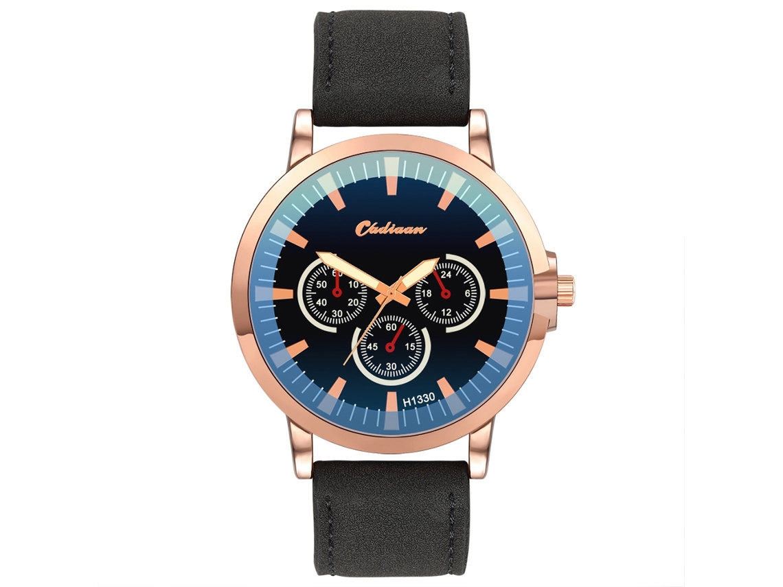 Relógio de pulso masculino em couro PU, estilo casual simples para negócios, pulseira em tom de ouro rosa com detalhes em preto.