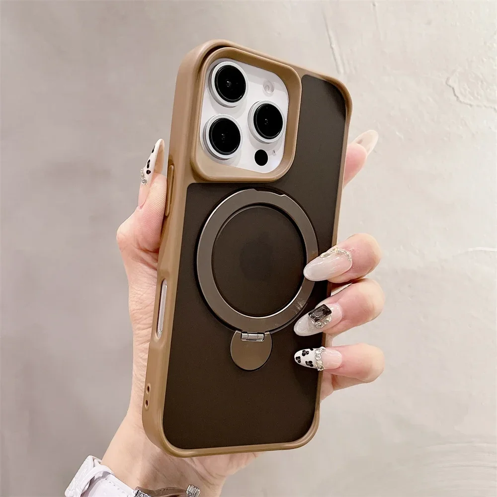 Capa Magnética Para Iphone 16 Pro Max (cáqui), Com Suporte E Proteção Traseira Contra Impactos.