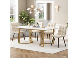 Mesa 140cm com 4 Cadeiras Veludo Bege e Pés Dourados VOLTEDGE