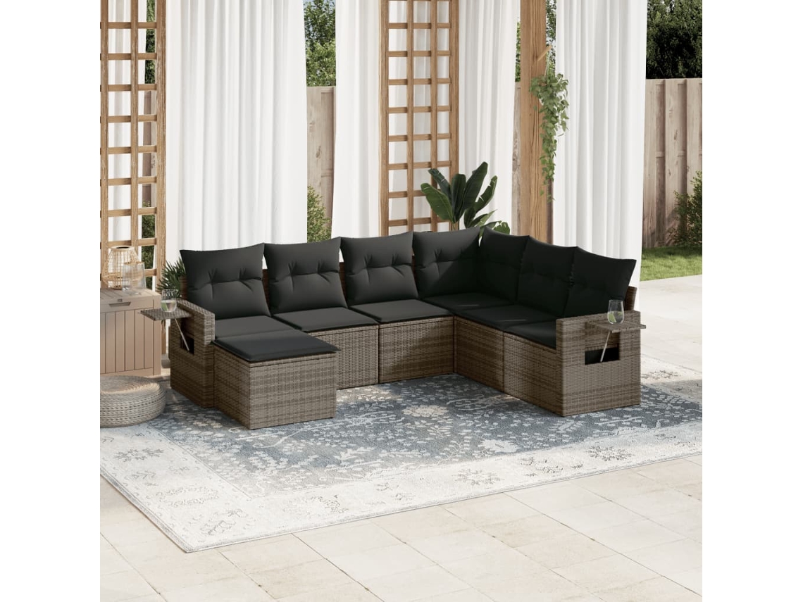 Vidaxl 7 Pcs Conjunto Sofás P/ Jardim C/ Almofadões Vime Pe Cinzento