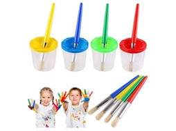 Primerox conjunto 4 Pincéis de Pintura e 4 Copos Sem Derramamento com Tampas para Crianças Iniciantes