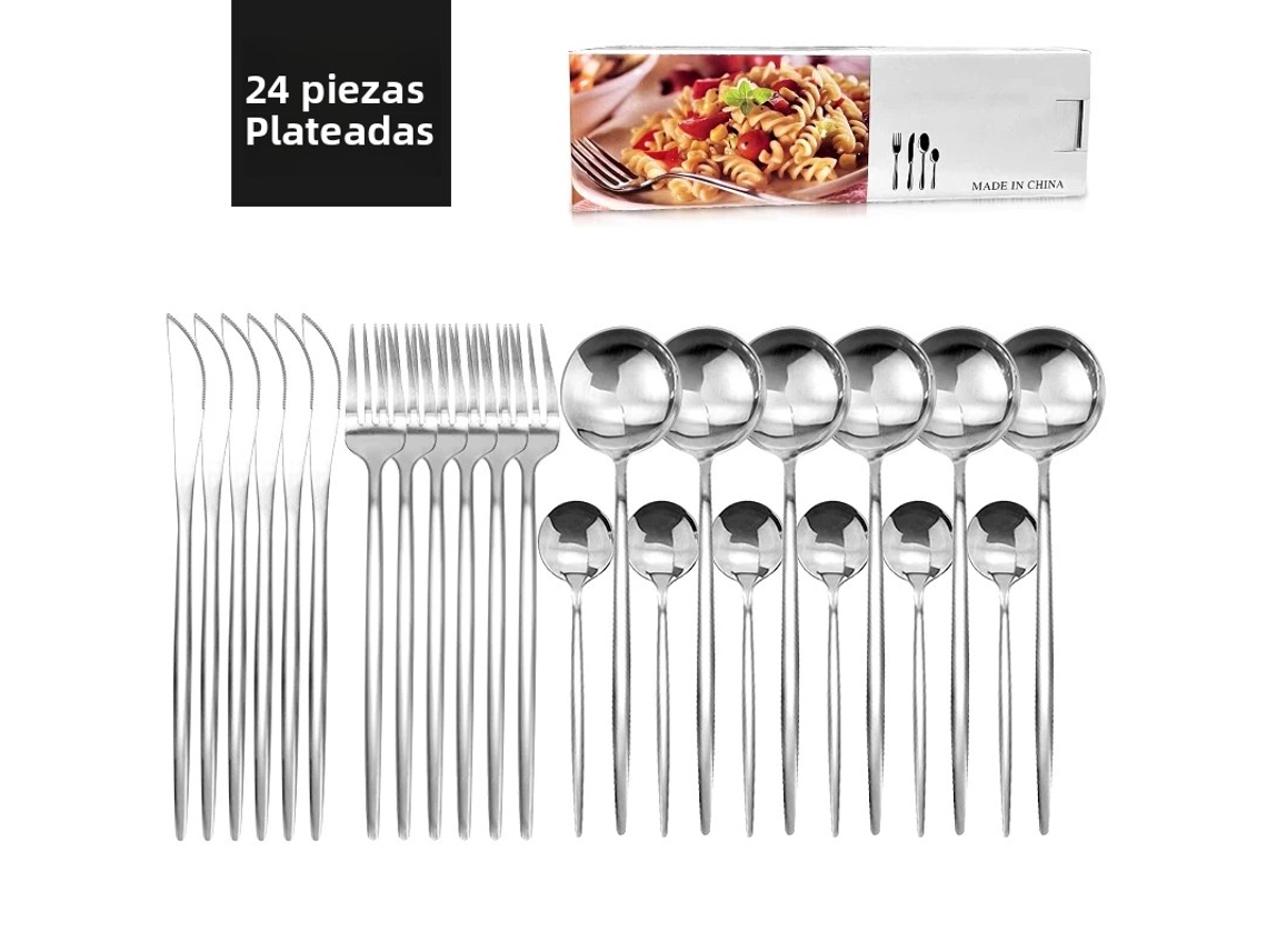 Conjunto de Talheres de Aço Inoxidável com 24 Peças, Incluindo Faca, Colher e Garfo Talheres Prateados Estilo Ocidental. MDUG (prateado)