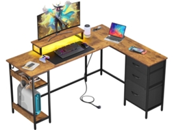 Secretária Gaming De Canto L Devaise 150×118 Cm, Gavetas, Tomada Usb, Secretária De Arrumação Para Escritório E Quarto, Castanho Rústico