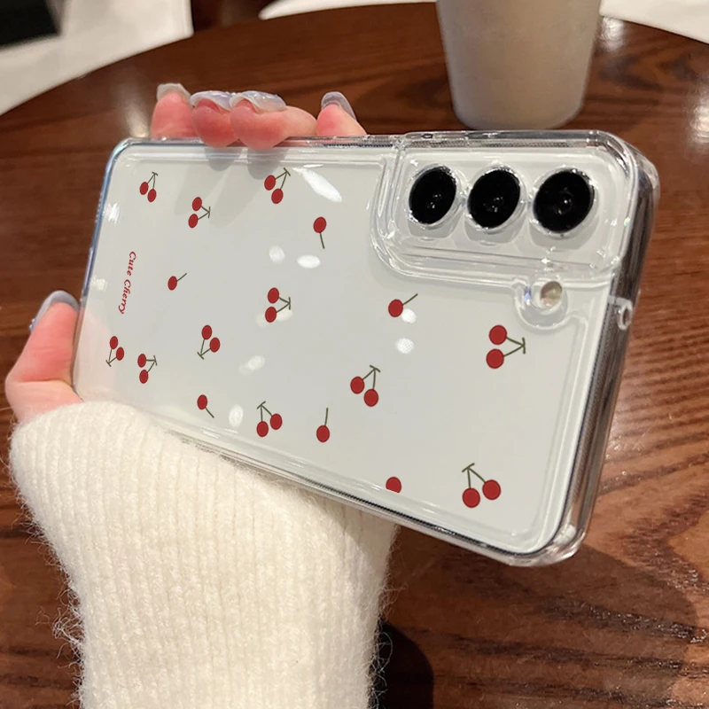 Capa Transparente De Tpu Para Celular Samsung S26 Plus Com Estampa De Cereja E Laço (a730).
