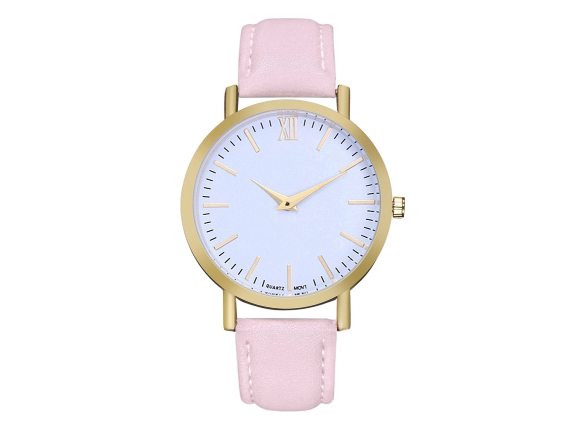 Relógio de pulso analógico de quartzo redondo com pulseira de couro, ideal para casais, mulheres e homens, rosa.