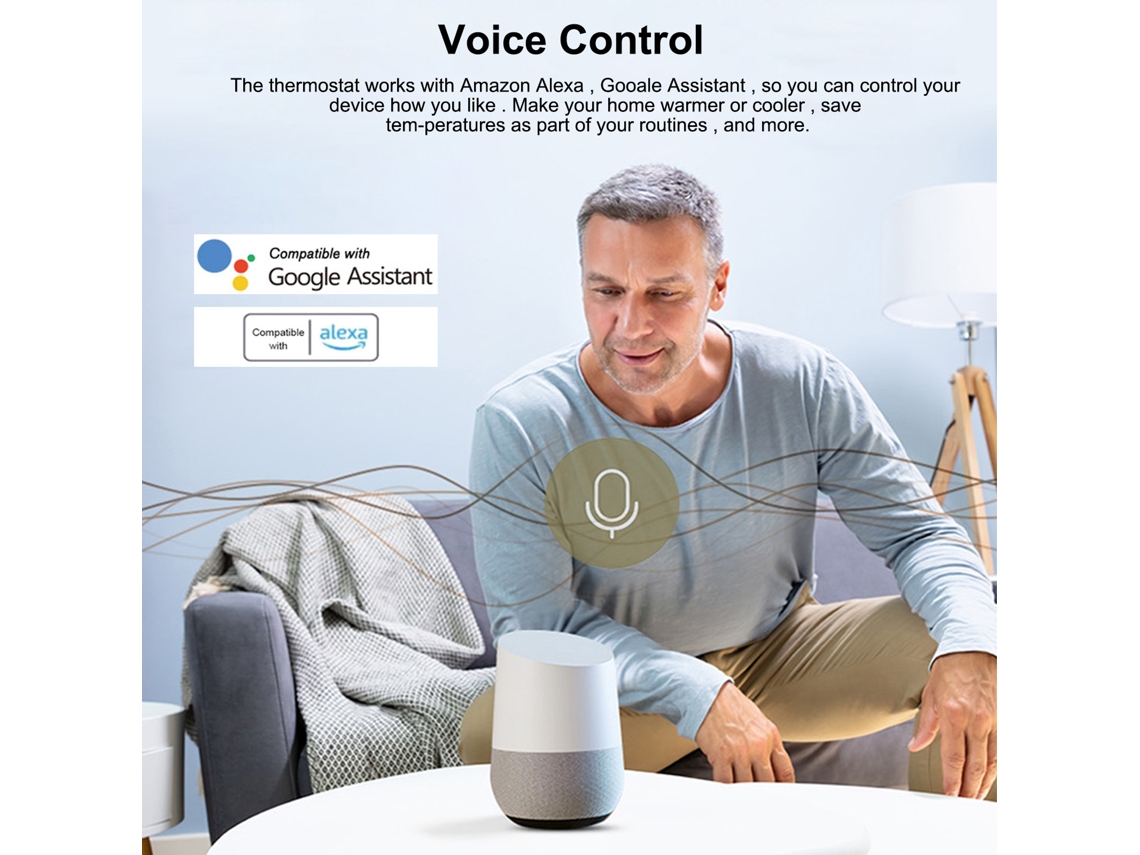 Termostato de parede inteligente Tuya para caldeira com Wi-Fi, ponto de acesso Bluetooth integrado e suporte para conectividade Wi-Fi.