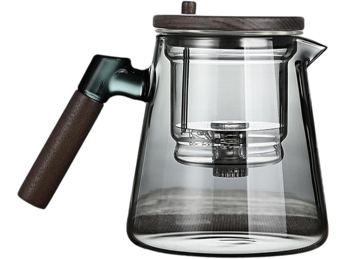 Bule De Vidro Com Filtro De Pressão E Coador, 750ml, Com Cabo De Madeira.