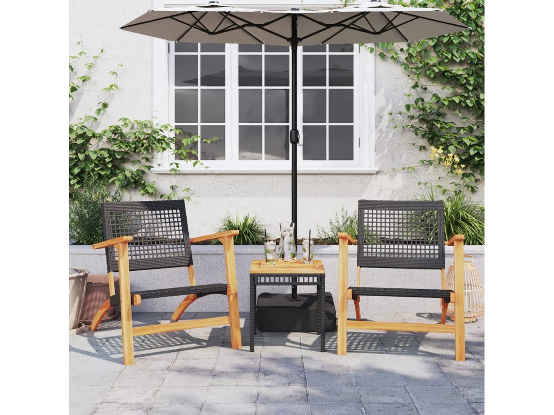 Vidaxl 3 Pcs Conjunto De Bistrô Vime Pe/madeira De Acácia Maciça Preto