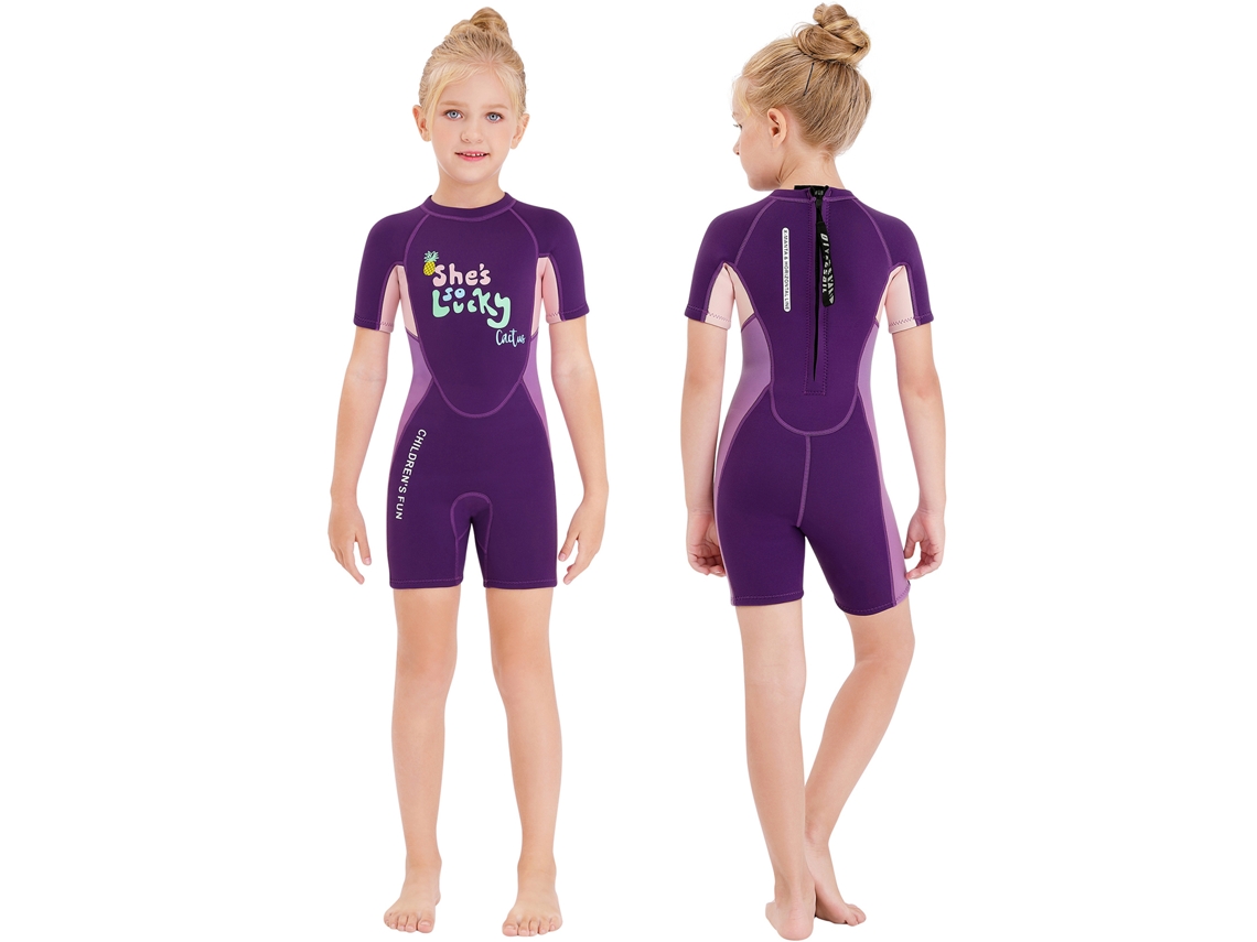 Mali traje de Mergulho Infantil Menina de Manga Curta com Zíper Quick Dry para Esportes Aquáticos