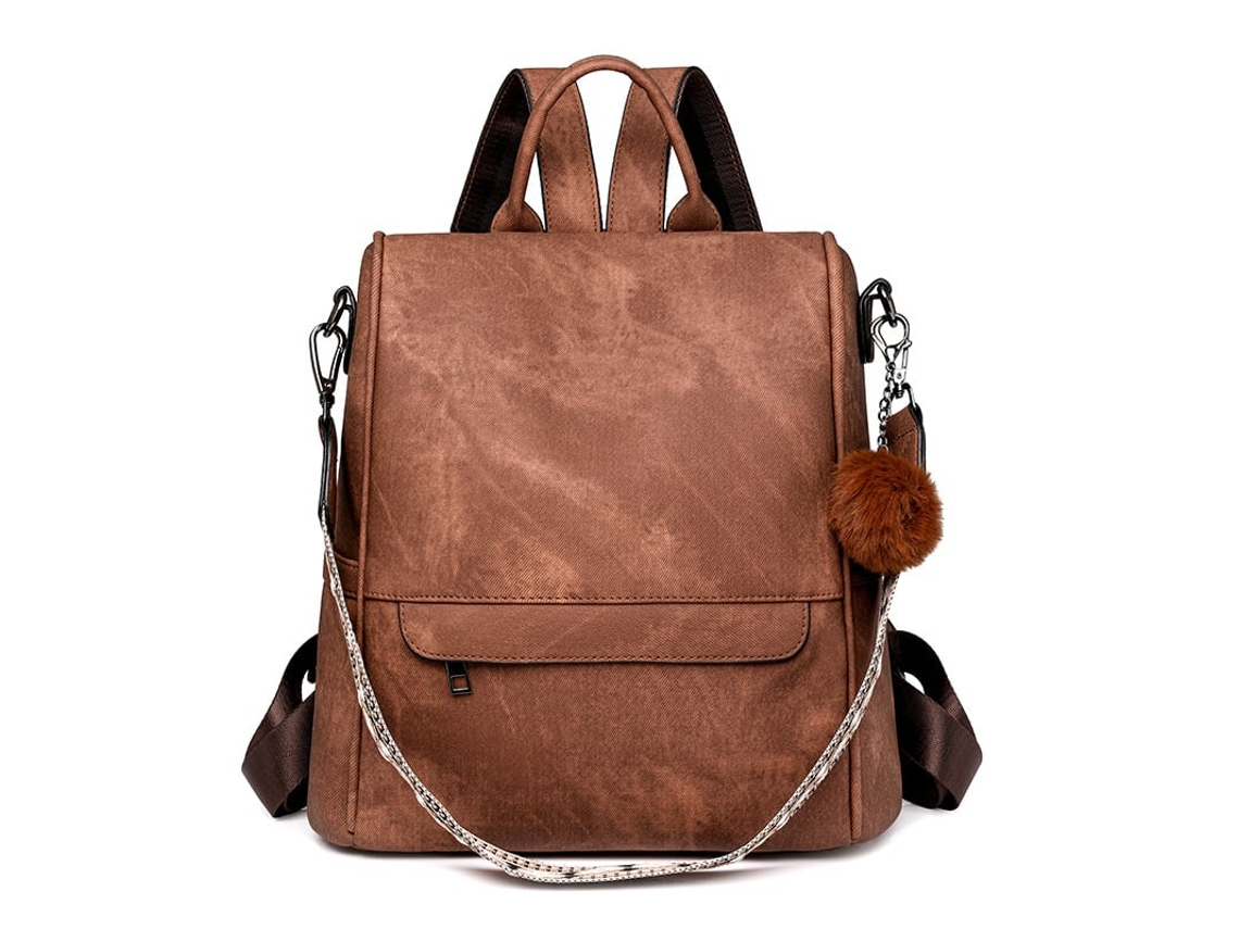 Mochila Feminina Leve e Impermeável de Couro Pu, Marrom DIGITALLAB