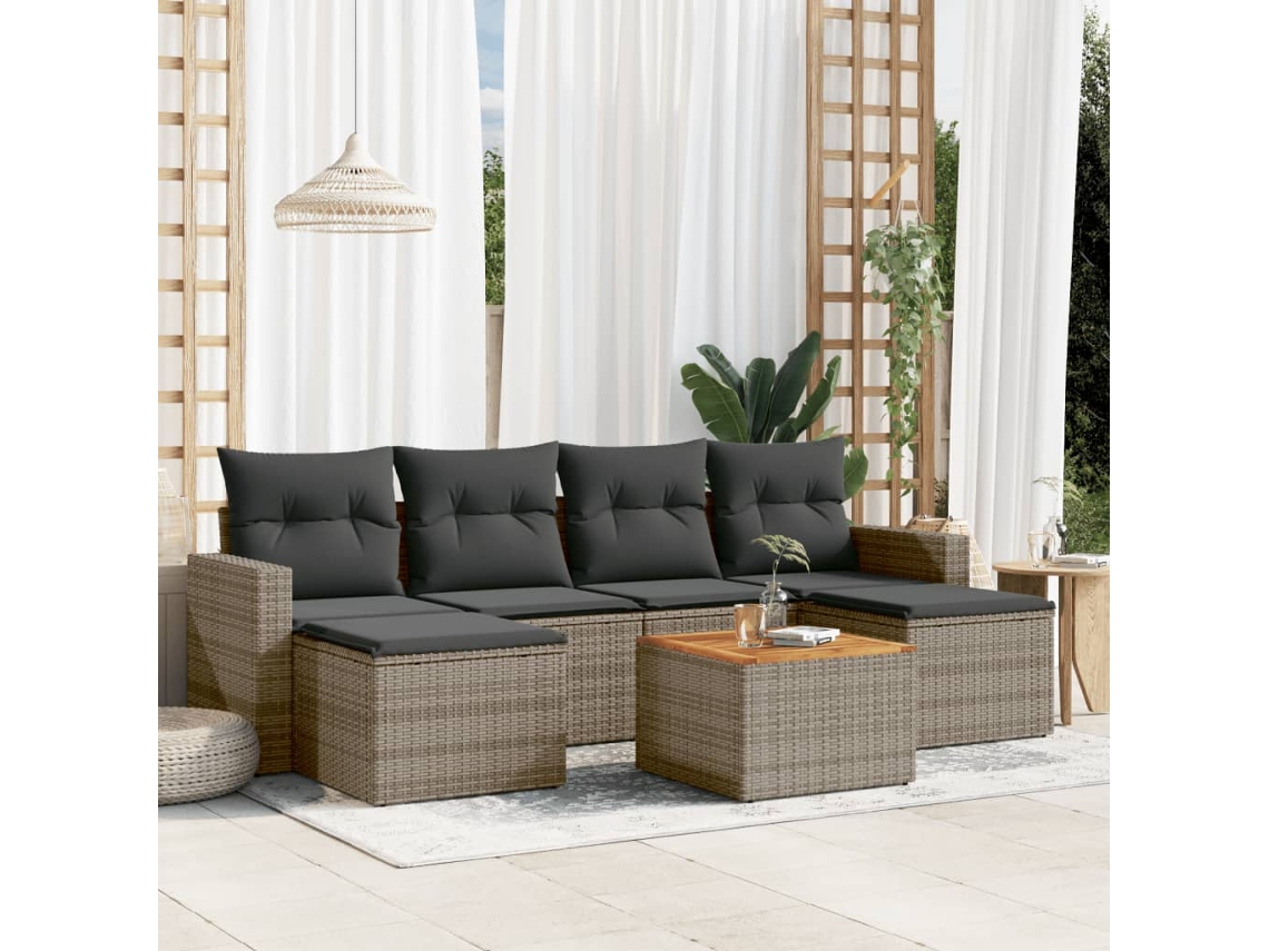 Vidaxl 7 Pcs Conjunto Sofás P/ Jardim C/ Almofadões Vime Pe Cinzento