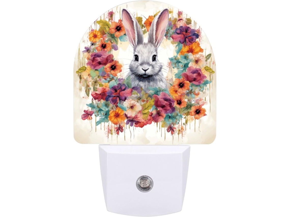 Luminária De Led Quarto, Banheiro, Corredor, Aquarela, Coelho E Flores, Estampada, Luminária De Parede Com Plugue