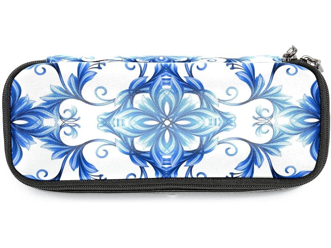 Estojo Lápis Com Estampa Floral Abstrata Azul E Branca, Com Grande Capacidade Marcadores, Organizador