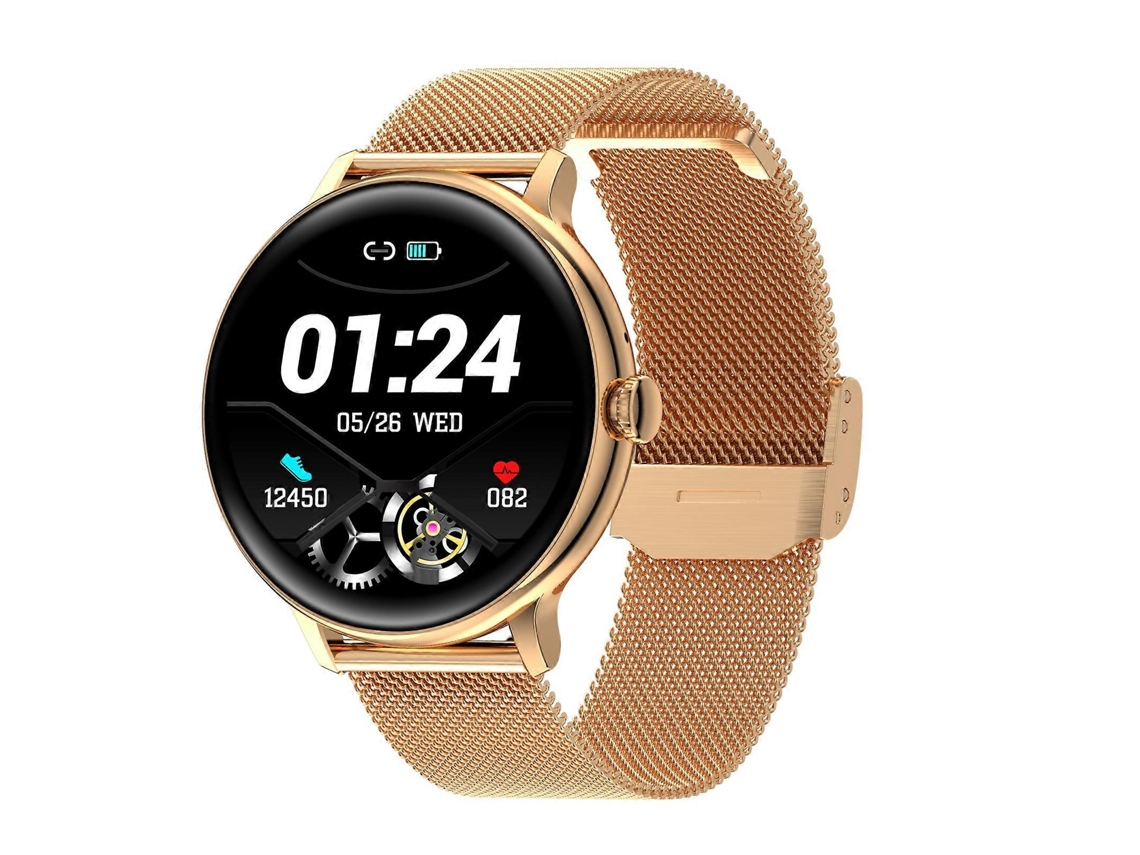 Smartwatch Q71 Pro com tela TFT de 1,28 polegadas e pulseira de aço. Suporta chamadas Bluetooth e lembrete de ciclo menstrual. Bicicleta elétrica.