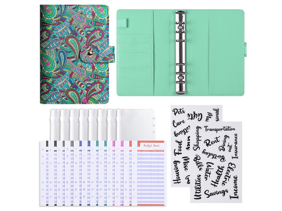 A6 Business Notebook, Cashew Style Macaron Loose Leaf Planner, Green, With 12-budget Cards, 8-zipper Bags 2-word