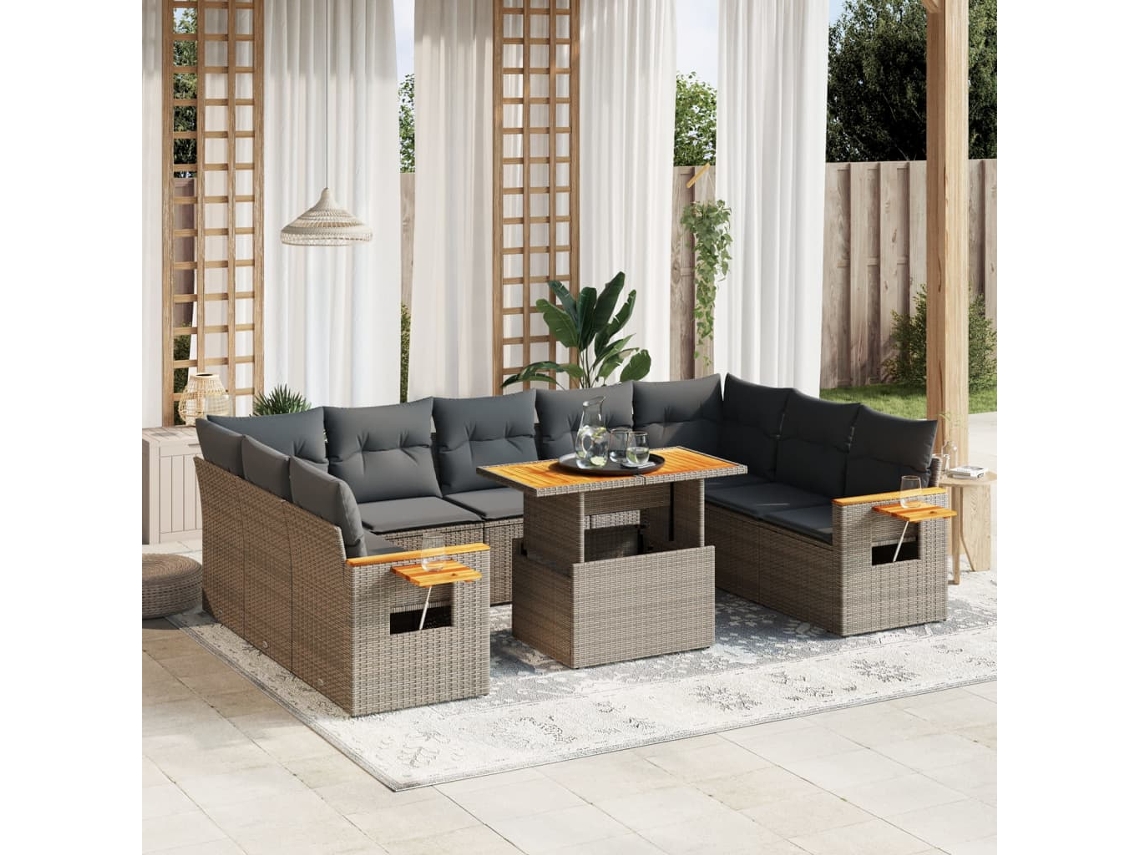 Vidaxl 11 Pcs Conjunto Sofás De Jardim C/ Almofadões Vime Pe Cinzento