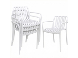 Conjunto de 4 cadeiras de jardim empilháveis em PP com encosto curvo e ripado (55x58,5x81,5 cm) Brancas