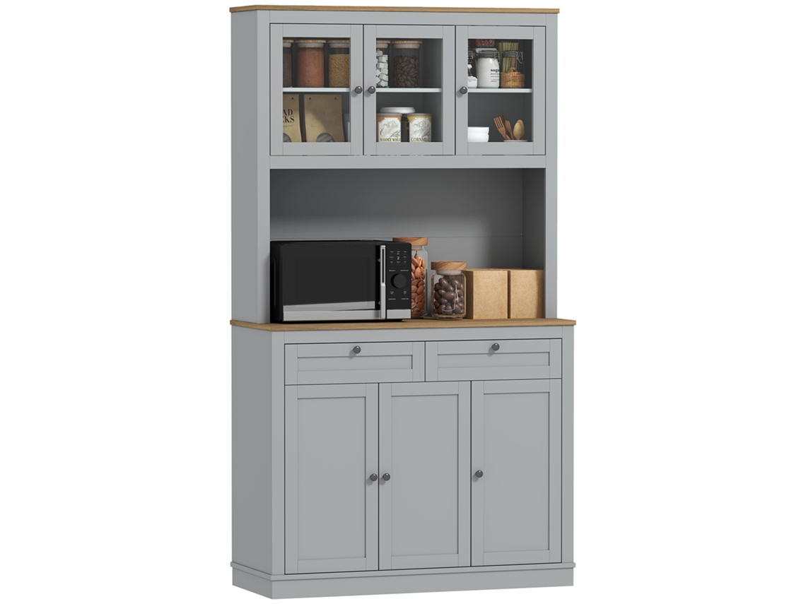 Despensa de Cozinha com 3 Portas de Vidro Compartimento Aberto 2 Gavetas e Prateleiras Ajustáveis 100x40x180 Cm Cinza pt