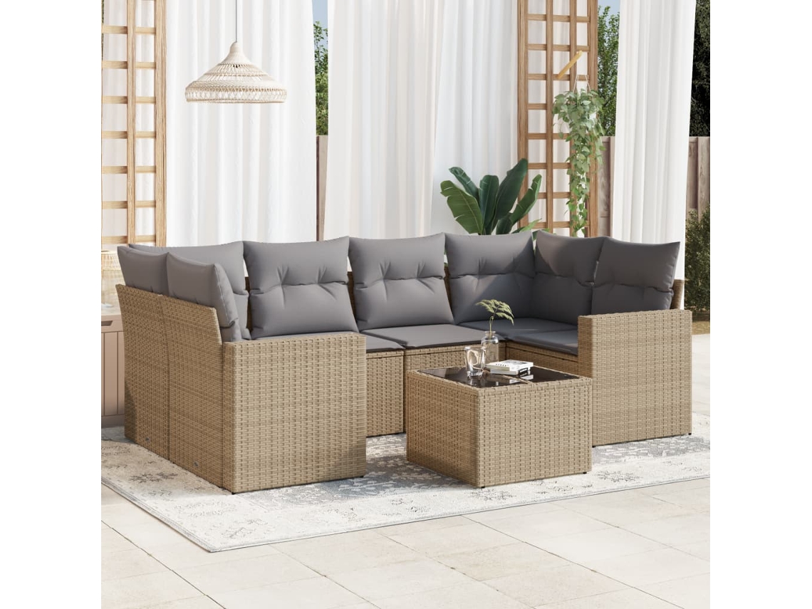 Vidaxl 7 Pcs Conjunto De Sofás P/ Jardim Com Almofadões Vime Pe Bege