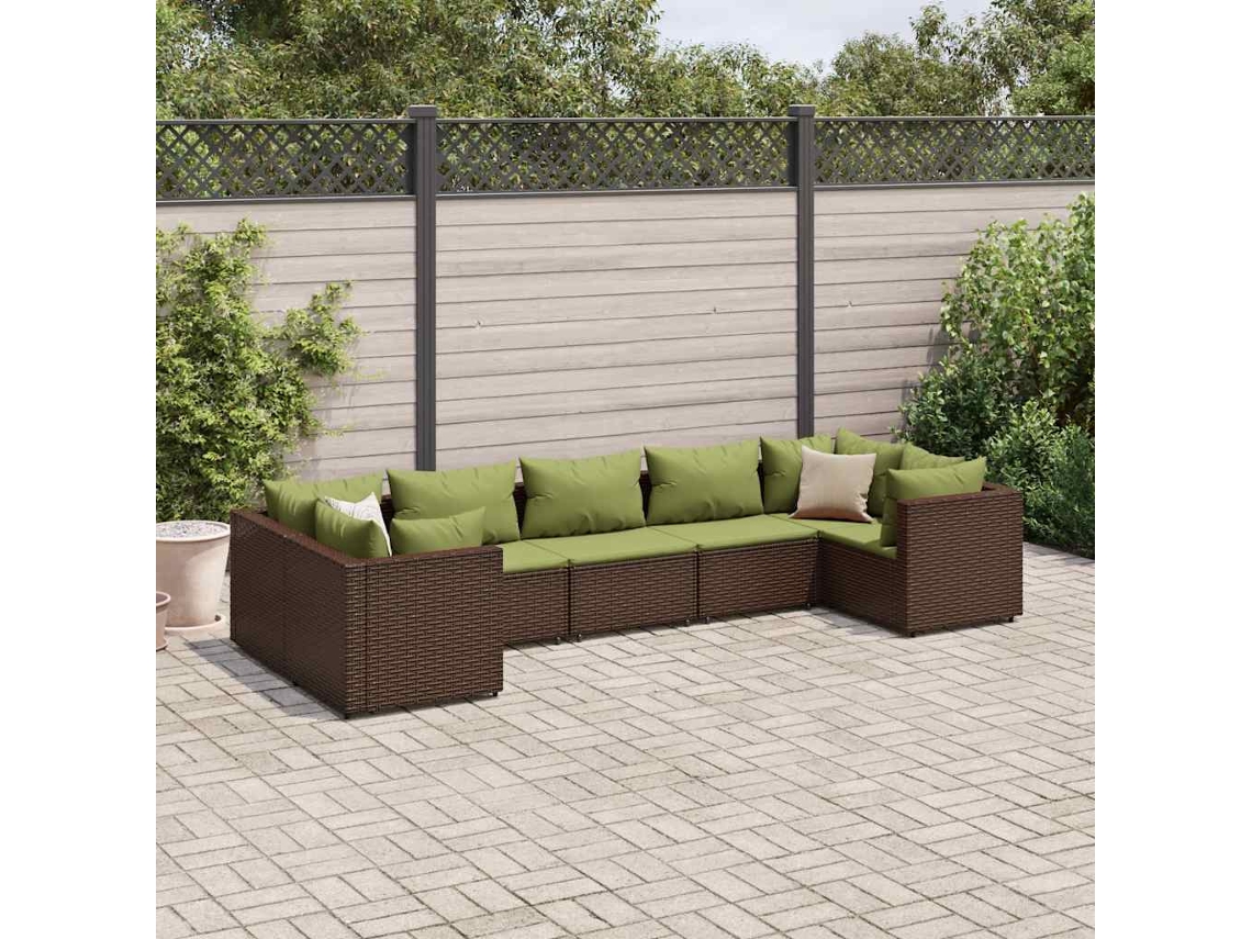 Vidaxl 7 Pcs Conjunto Lounge De Jardim C/ Almofadões Vime Pe Castanho