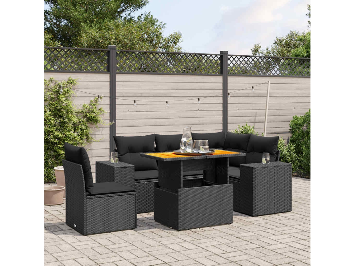 Vidaxl 6 Pcs Conjunto Sofás De Jardim C/ Almofadões Vime Pe Preto