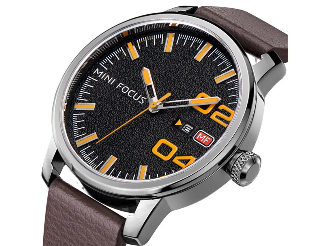 Relógio de pulso masculino Mini Focus analógico em couro, à prova d'água, quartzo, laranja e preto.
