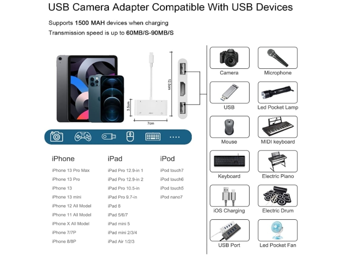 Adaptador Hdmi para Iphone Hub Usb Hdmi Conversor Av Digital Hdmi 6 em 1 Leitor de Cartão Sd Tf para Iphone Branco
