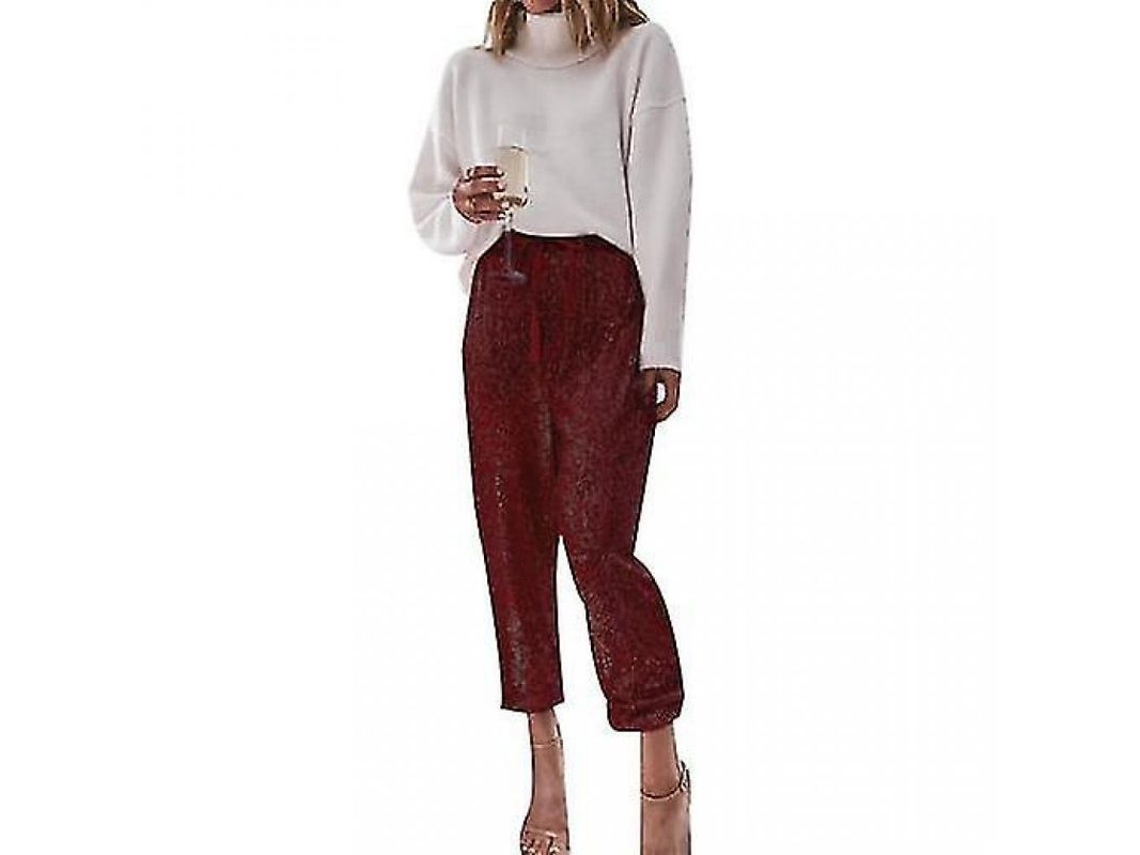 2026 pantalones Jogger de Lentejuelas para Mujer de Cintura Alta Elástica Brillantes Y Estirados Kmf S Vermelho