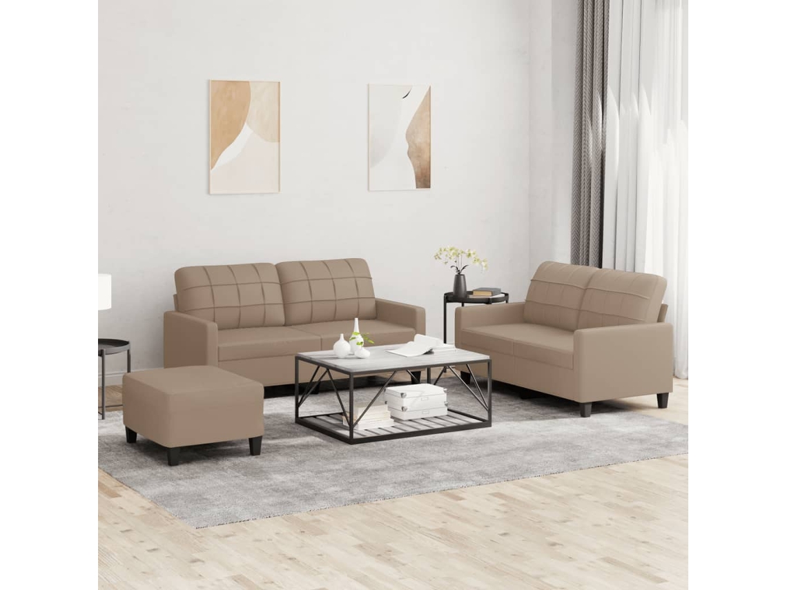 Vidaxl 3 Pcs Conjunto Sofás C/ Almofadões Couro Artificial Cappuccino