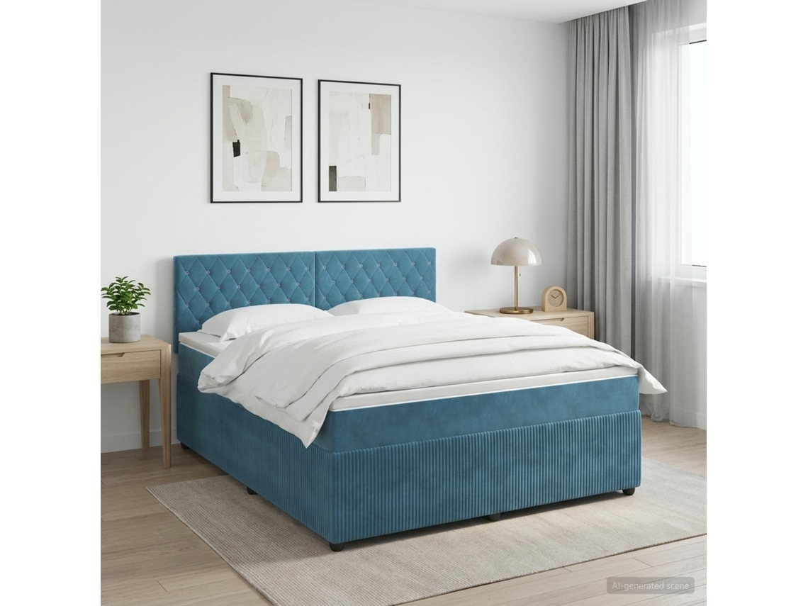 Vidaxl Cama Box Spring Com Colchão Azul Escuro 140 X 200 Cm Veludo