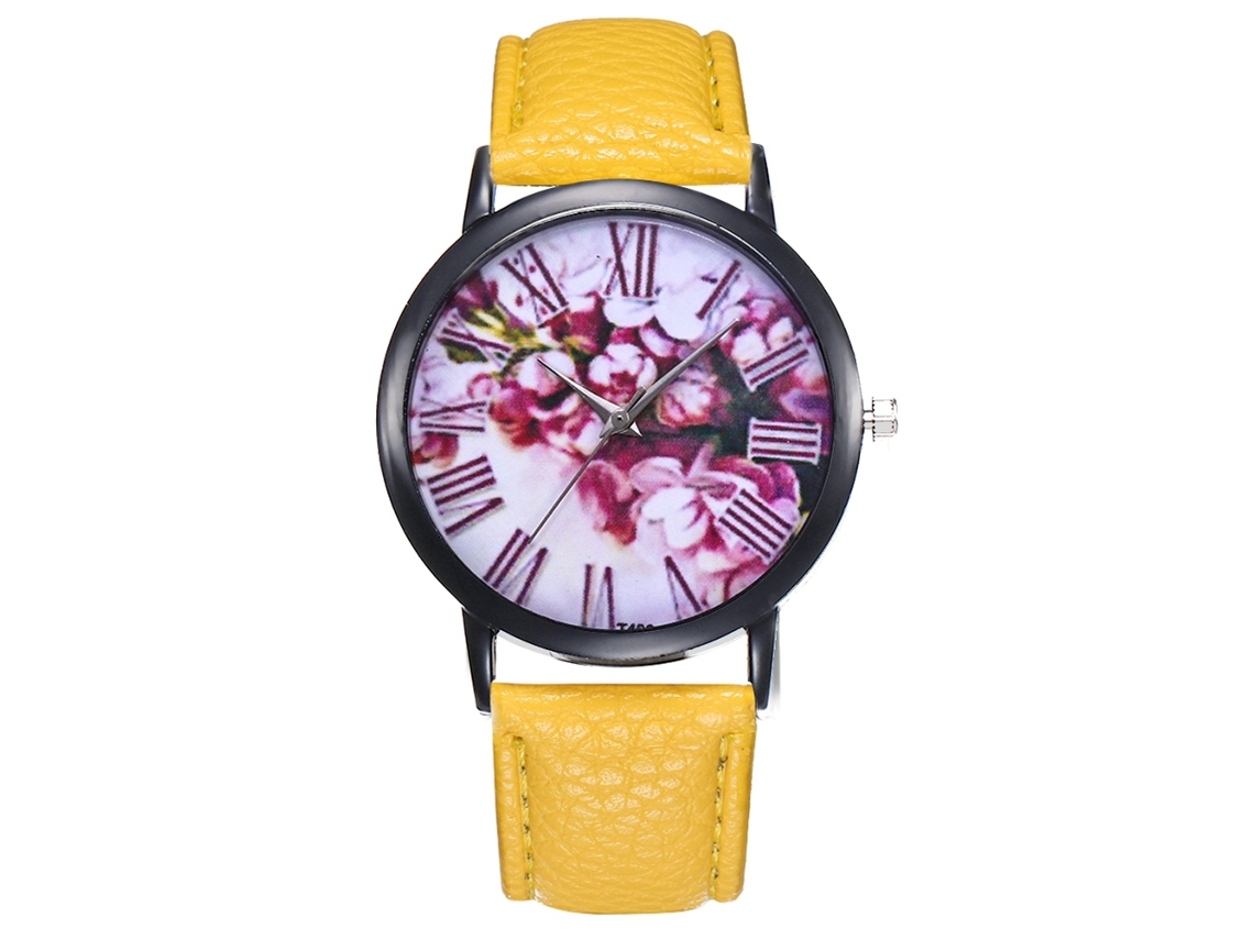Relógio de Pulso Feminino com Pulseira de Couro Pu Ultradelgado Relógio de Quartzo Amarelo