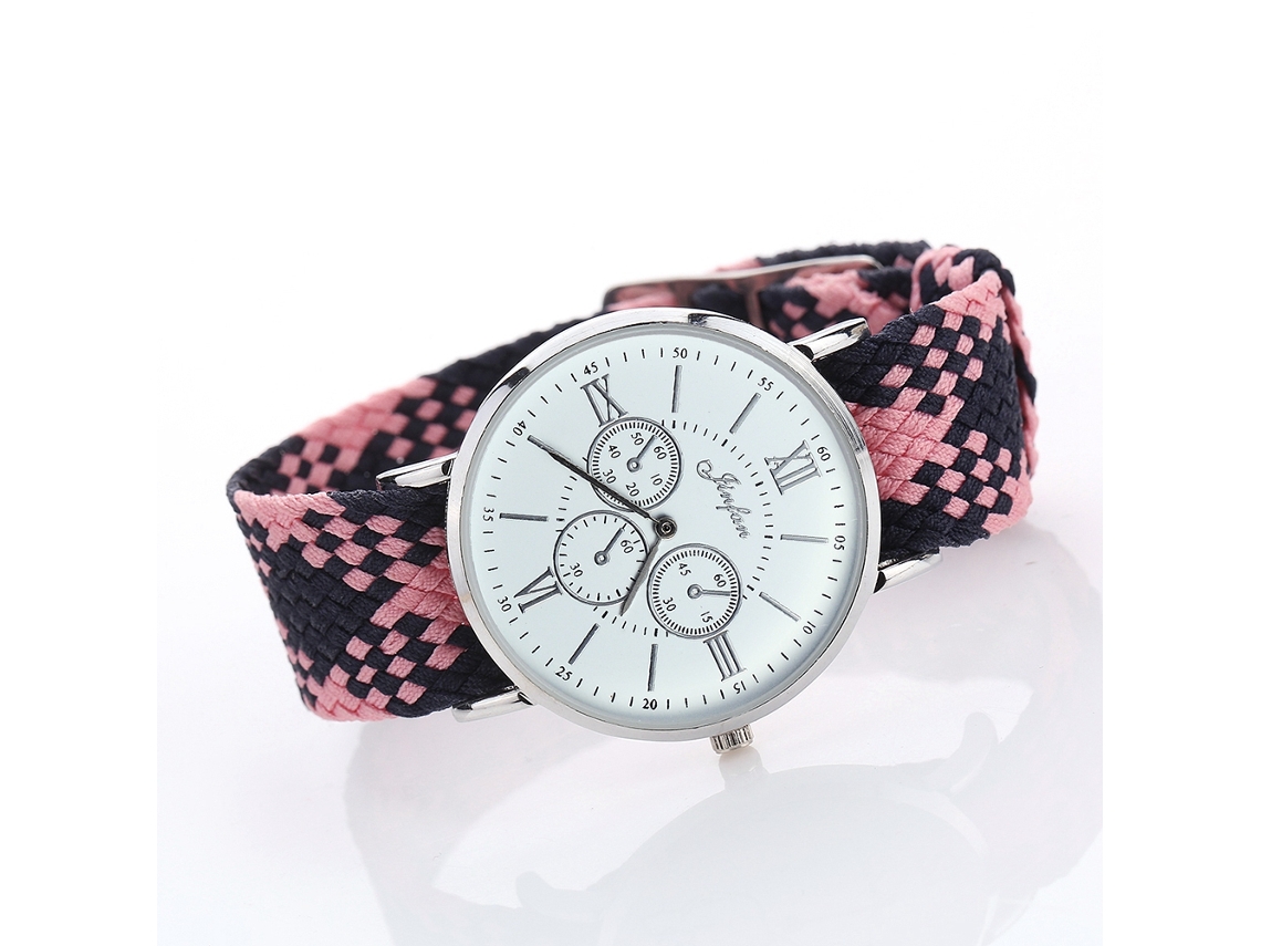 Relógio de Pulso Étnico de Quartzo com Pulseira Tecida Unissex Rosa Chic e Elegante