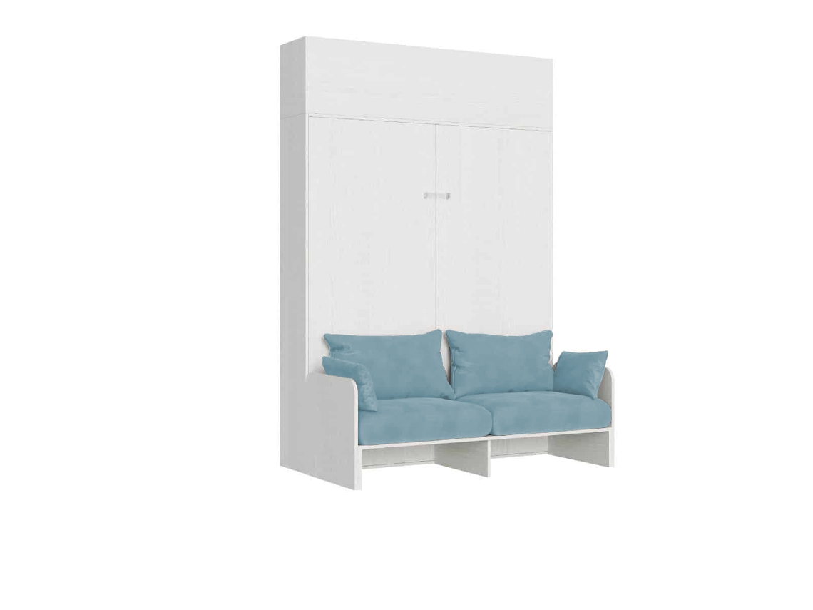 Cama De Casal Dobrável Kentaro 160 Cm Com Sofá E Armário De Parede Em Freixo Branco, Azul Claro
