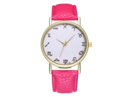 Relógio esportivo unissex com pulseira de couro, movimento de quartzo, nas cores vermelho e rosa.