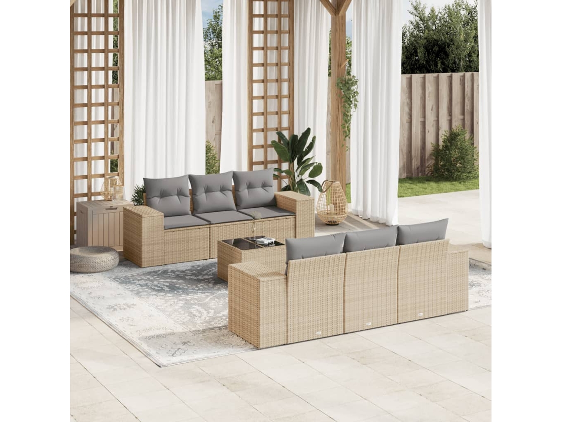 Vidaxl 7 Pcs Conjunto De Sofás P/ Jardim Com Almofadões Vime Pe Bege