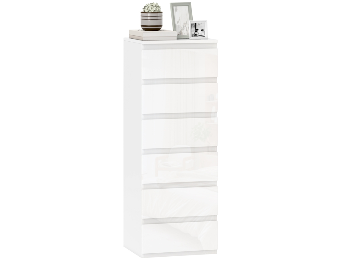 Cômoda elegante com 6 gavetas e acabamento branco brilhante.