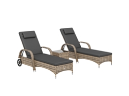 Conjunto de 2 espreguiçadeiras ZENCORE SERVICES com colchão, apoio de cabeça, inclinação, rodas, mesa de centro de vidro